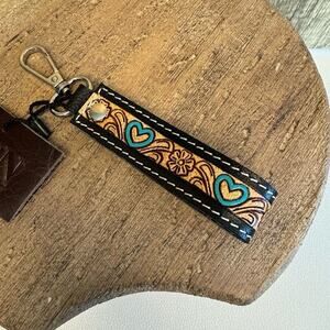 Leather Key Holder Tooled Leather Western Keychain Blue Hearts NEW FAST SHIP